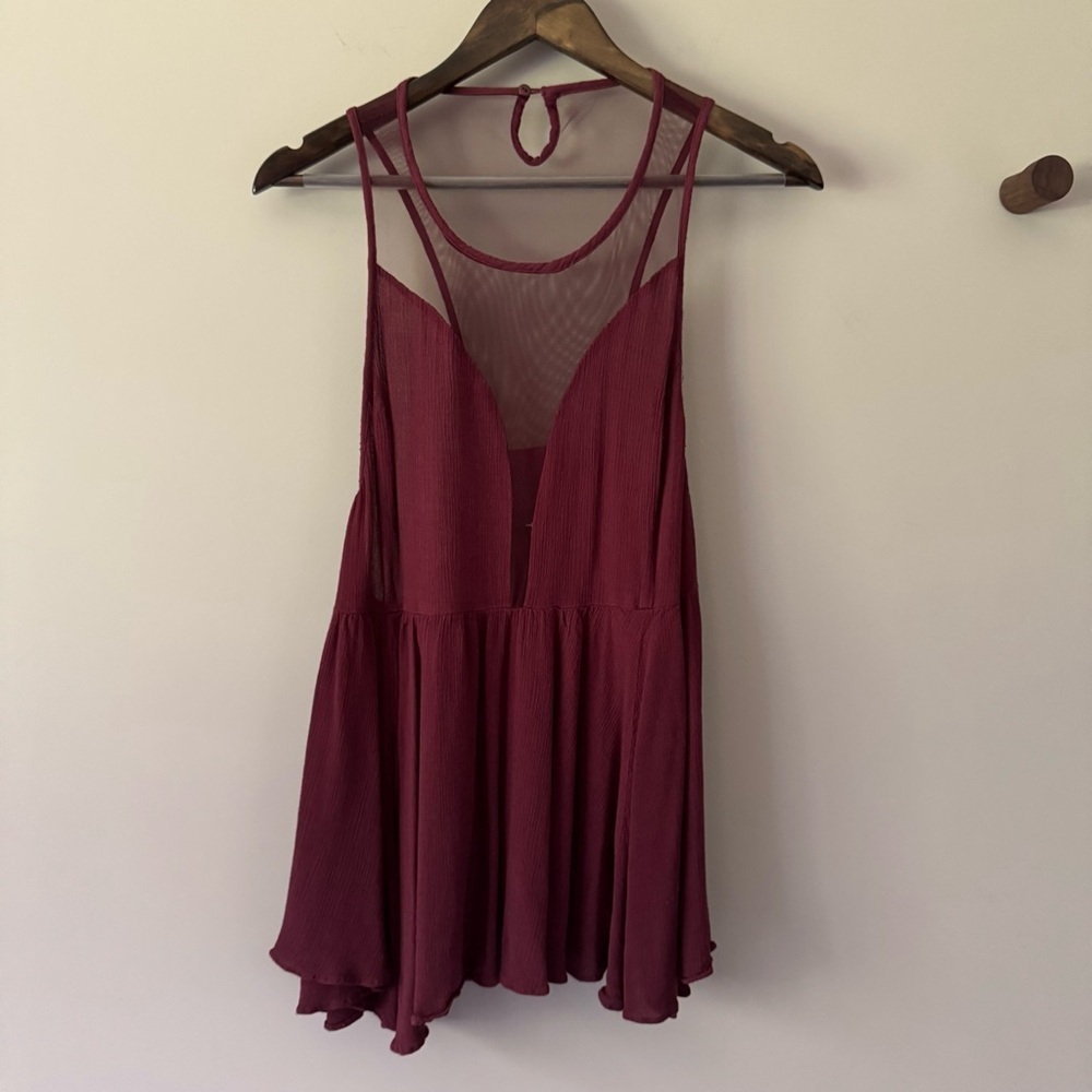 MUSTARD SEED FLOWY TANK TOP WITH SHEER MESH DETAIL MAROON SIZE LARGE